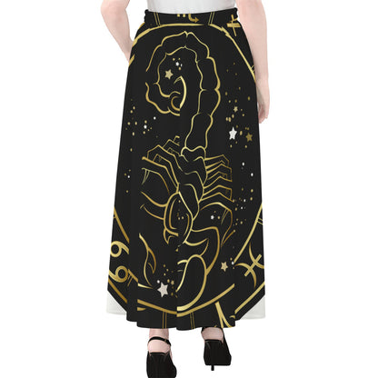 Gold And Black Scorpio Sign Print Chiffon Maxi Skirt