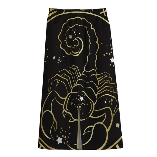 Gold And Black Scorpio Sign Print Cotton Front Slit Maxi Skirt