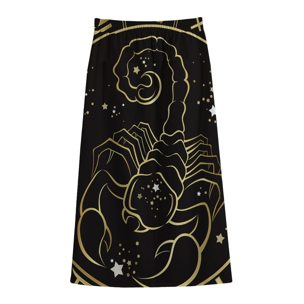 Gold And Black Scorpio Sign Print Cotton Front Slit Maxi Skirt