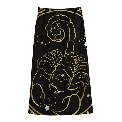 Gold And Black Scorpio Sign Print Cotton Front Slit Maxi Skirt