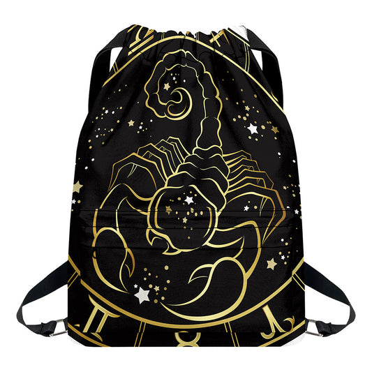 Gold And Black Scorpio Sign Print Drawstring Backpack