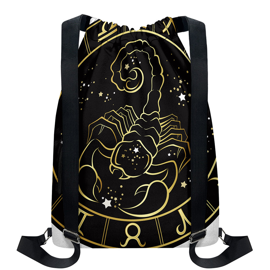 Gold And Black Scorpio Sign Print Drawstring Backpack