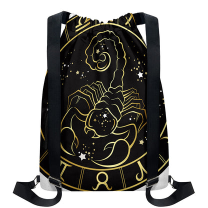 Gold And Black Scorpio Sign Print Drawstring Backpack