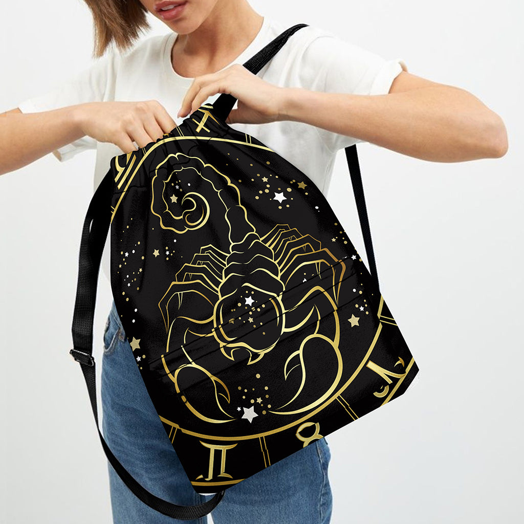 Gold And Black Scorpio Sign Print Drawstring Backpack