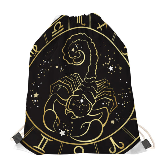Gold And Black Scorpio Sign Print Drawstring Bag