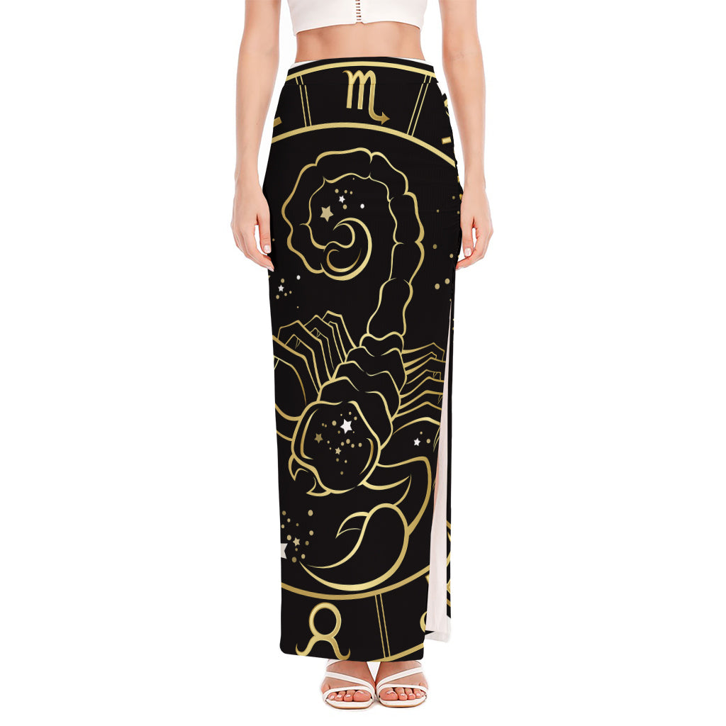 Gold And Black Scorpio Sign Print High Slit Maxi Skirt