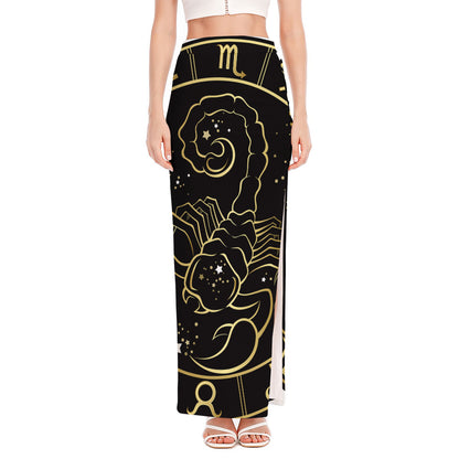 Gold And Black Scorpio Sign Print High Slit Maxi Skirt