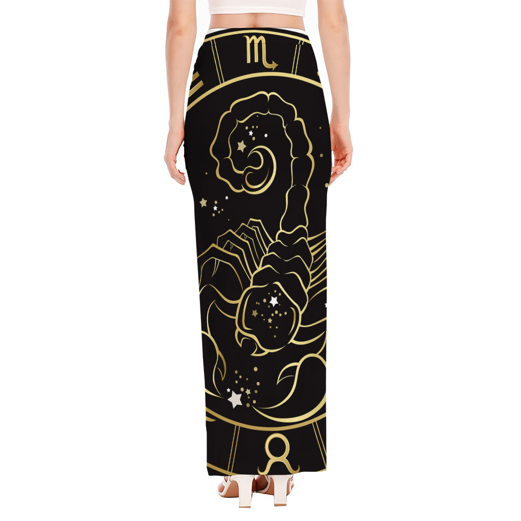 Gold And Black Scorpio Sign Print High Slit Maxi Skirt
