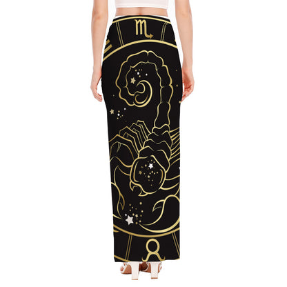 Gold And Black Scorpio Sign Print High Slit Maxi Skirt
