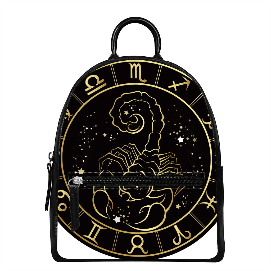 Gold And Black Scorpio Sign Print Leather Backpack