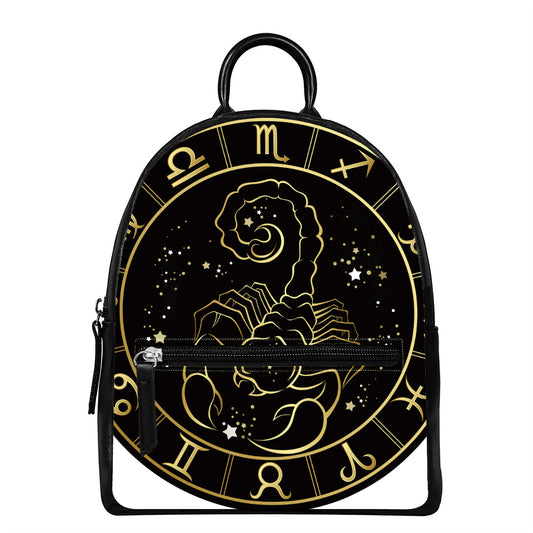 Gold And Black Scorpio Sign Print Leather Backpack
