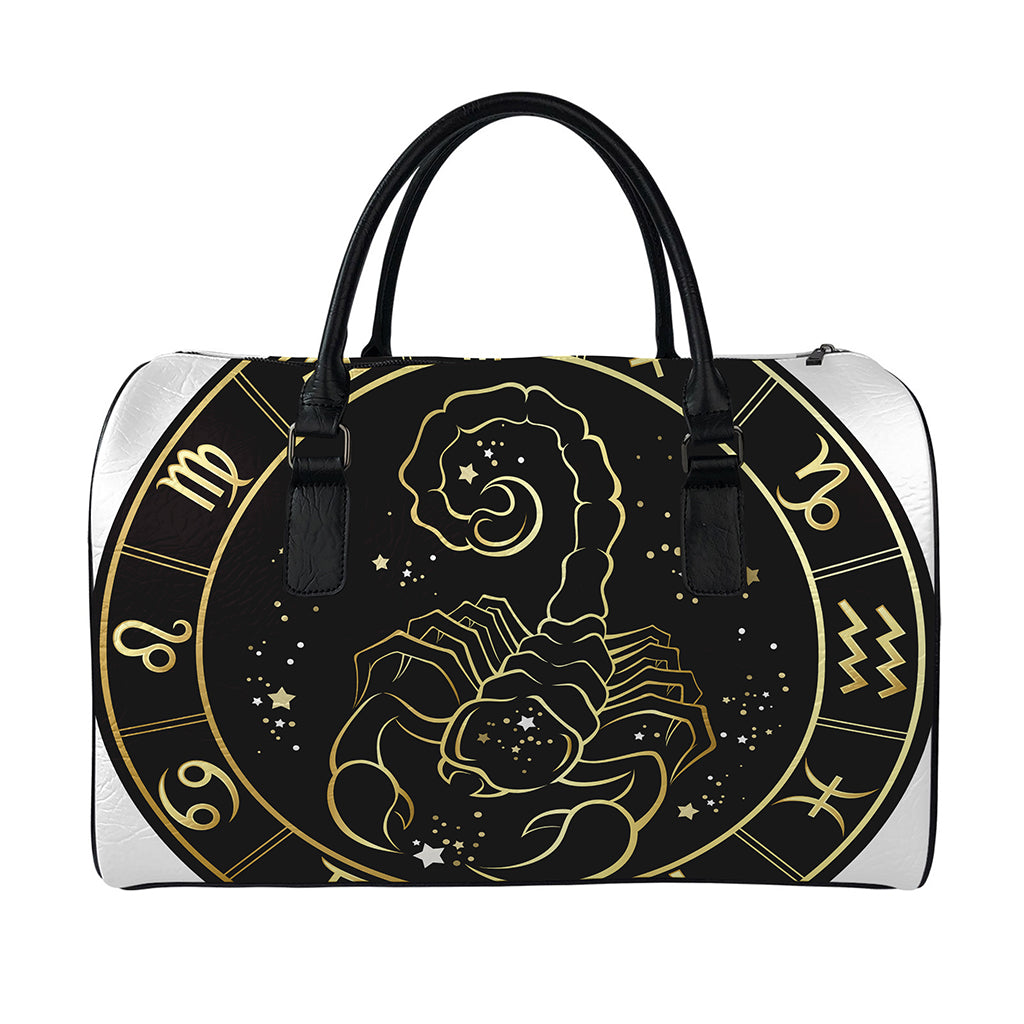Gold And Black Scorpio Sign Print Leather Duffle Bag