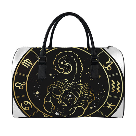 Gold And Black Scorpio Sign Print Leather Duffle Bag