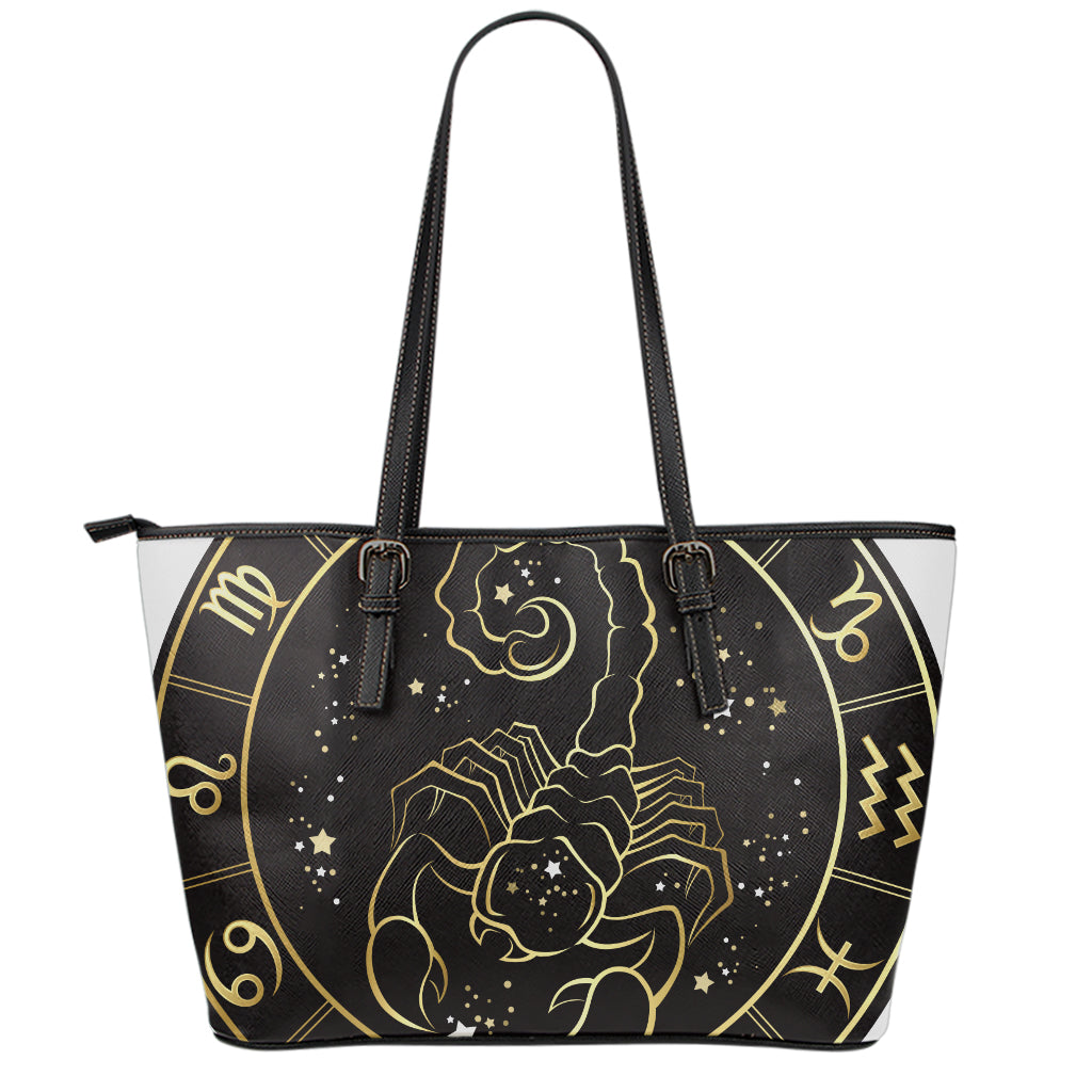 Gold And Black Scorpio Sign Print Leather Tote Bag