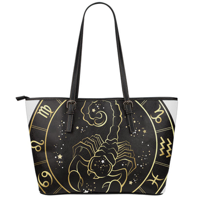 Gold And Black Scorpio Sign Print Leather Tote Bag