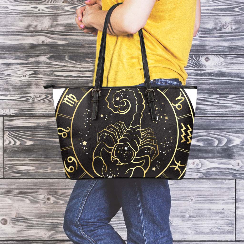 Gold And Black Scorpio Sign Print Leather Tote Bag