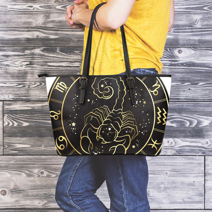 Gold And Black Scorpio Sign Print Leather Tote Bag