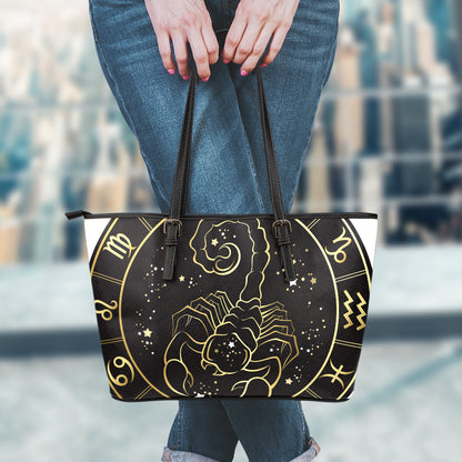 Gold And Black Scorpio Sign Print Leather Tote Bag