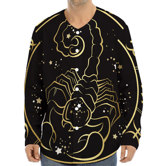 Gold And Black Scorpio Sign Print Long Sleeve Baseball Jersey