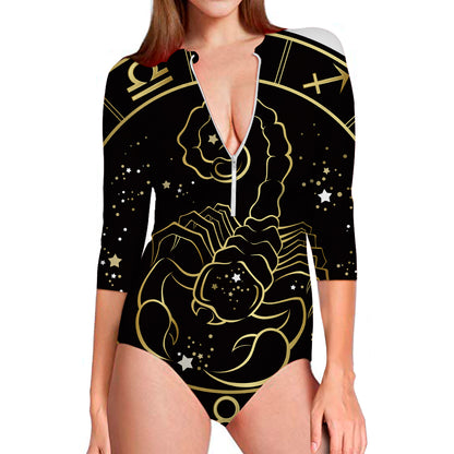 Gold And Black Scorpio Sign Print Long Sleeve Swimsuit