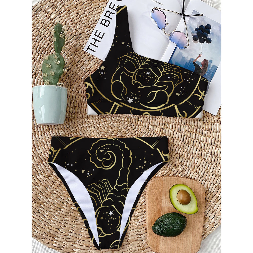 Gold And Black Scorpio Sign Print One Shoulder Bikini Top