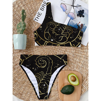 Gold And Black Scorpio Sign Print One Shoulder Bikini Top