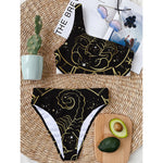 Gold And Black Scorpio Sign Print One Shoulder Bikini Top
