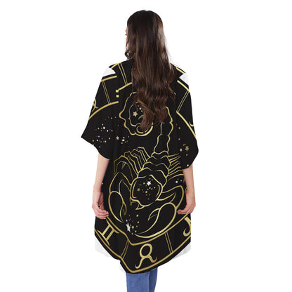 Gold And Black Scorpio Sign Print Open Front Beach Cover Up