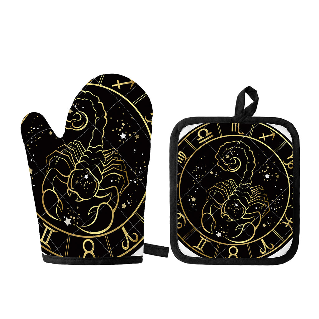 Gold And Black Scorpio Sign Print Oven Mitt And Pot Holder Set