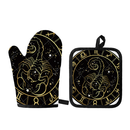 Gold And Black Scorpio Sign Print Oven Mitt And Pot Holder Set