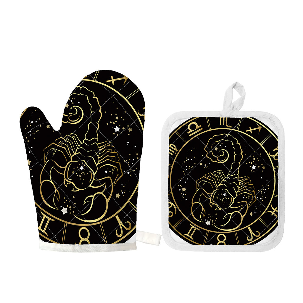 Gold And Black Scorpio Sign Print Oven Mitt And Pot Holder Set