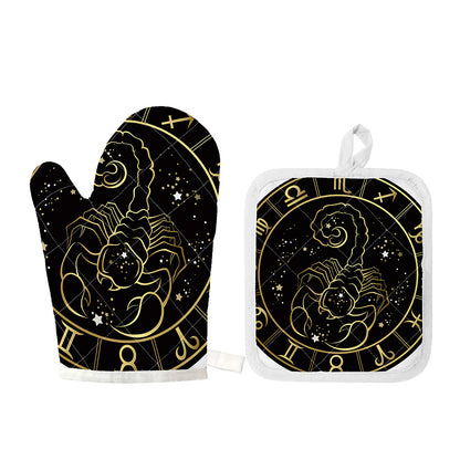 Gold And Black Scorpio Sign Print Oven Mitt And Pot Holder Set