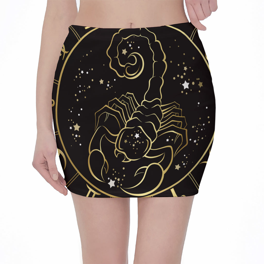 Gold And Black Scorpio Sign Print Pencil Mini Skirt
