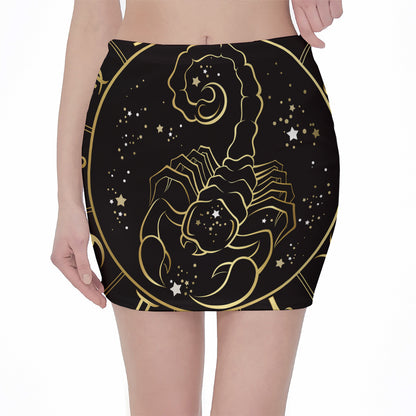 Gold And Black Scorpio Sign Print Pencil Mini Skirt