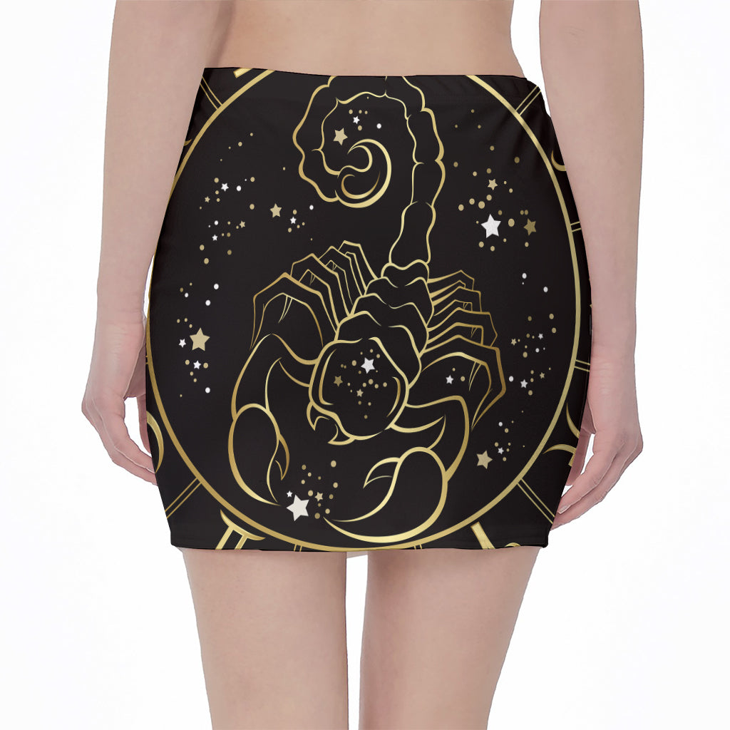 Gold And Black Scorpio Sign Print Pencil Mini Skirt