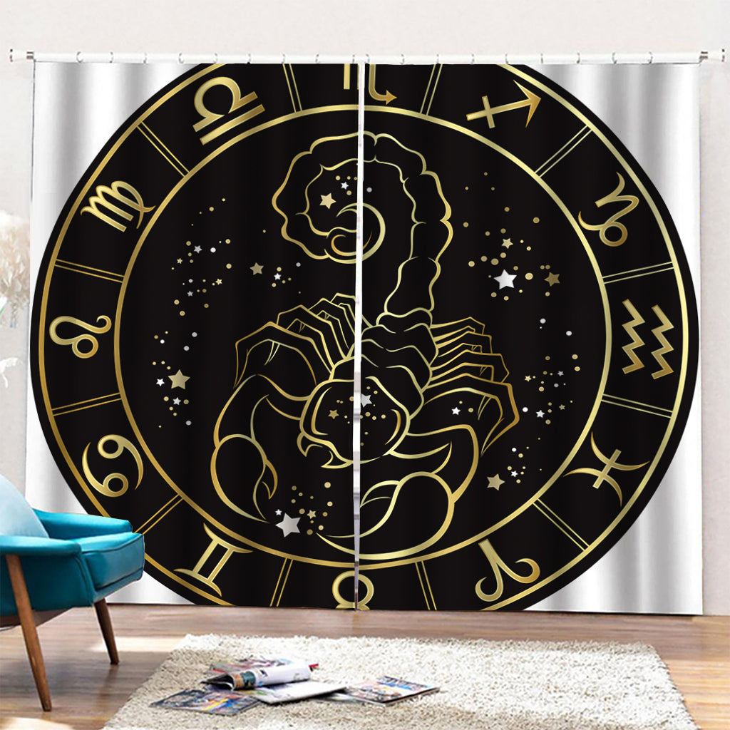 Gold And Black Scorpio Sign Print Pencil Pleat Curtains