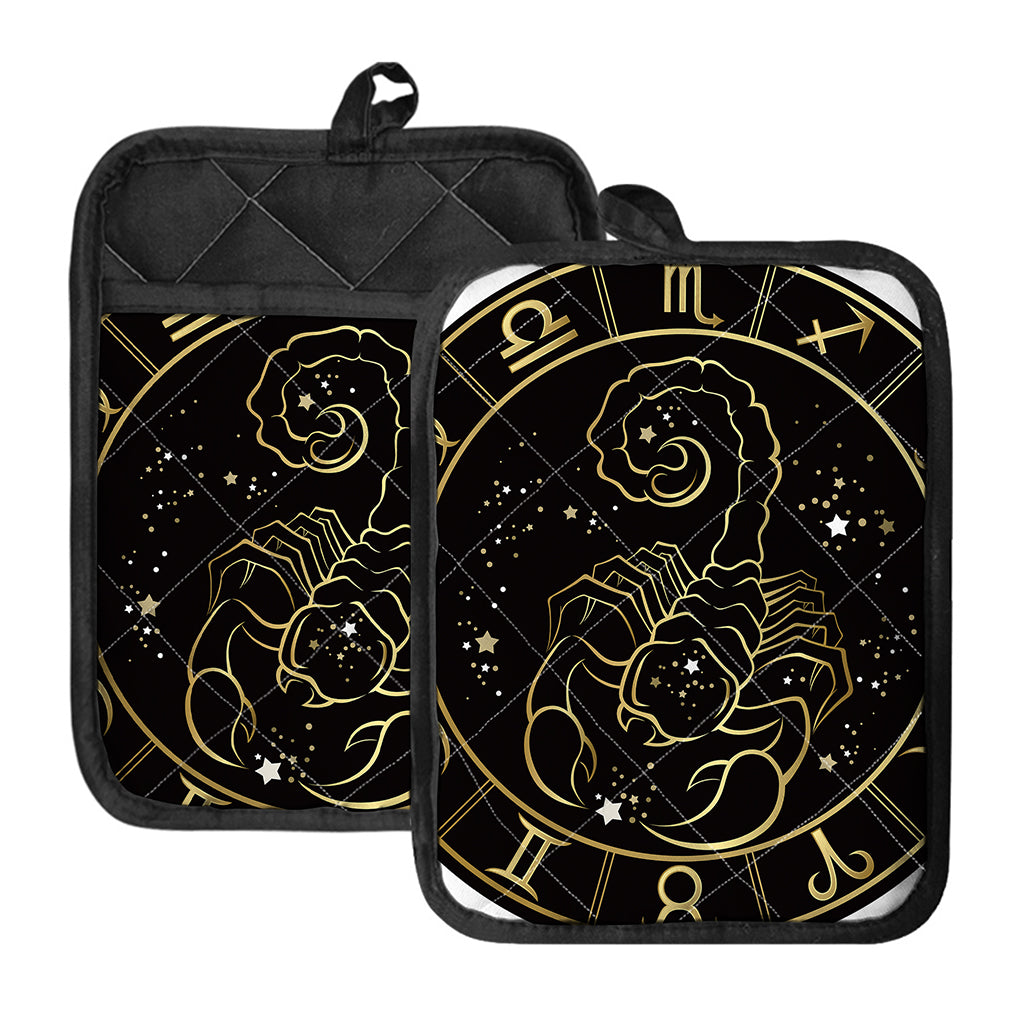Gold And Black Scorpio Sign Print Pot Holders With Pocket