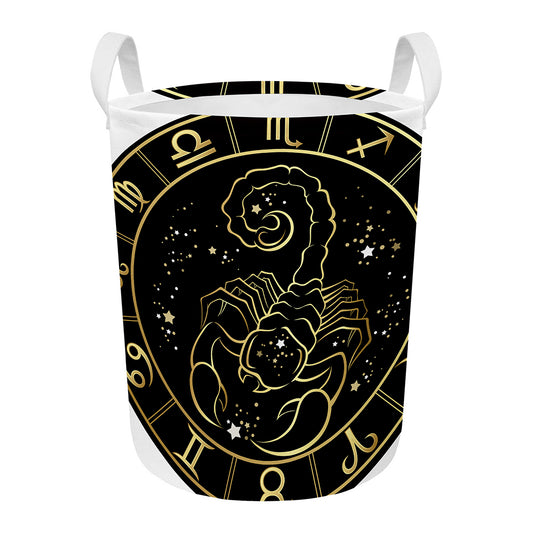 Gold And Black Scorpio Sign Print Round Laundry Basket