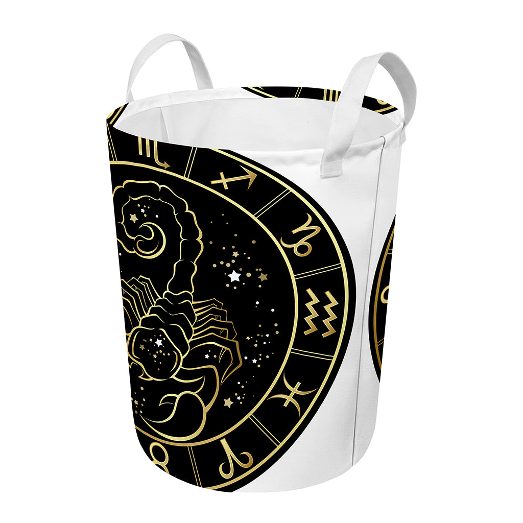 Gold And Black Scorpio Sign Print Round Laundry Basket