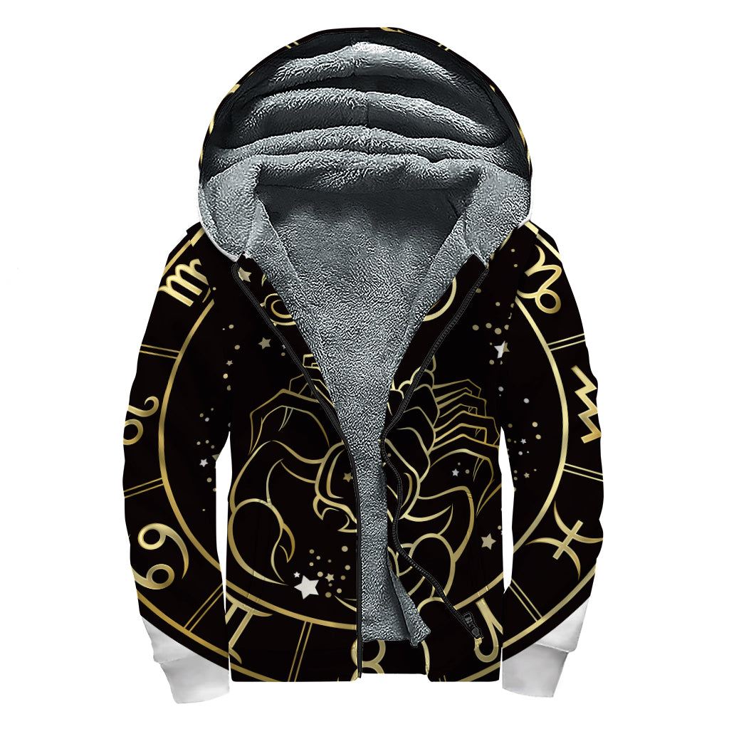 Gold And Black Scorpio Sign Print Sherpa Lined Zip Up Hoodie