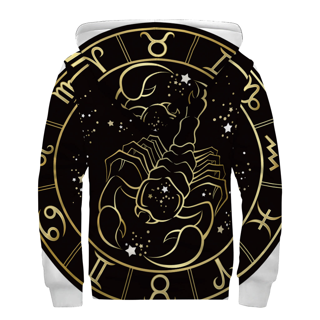 Gold And Black Scorpio Sign Print Sherpa Lined Zip Up Hoodie