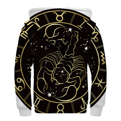 Gold And Black Scorpio Sign Print Sherpa Lined Zip Up Hoodie