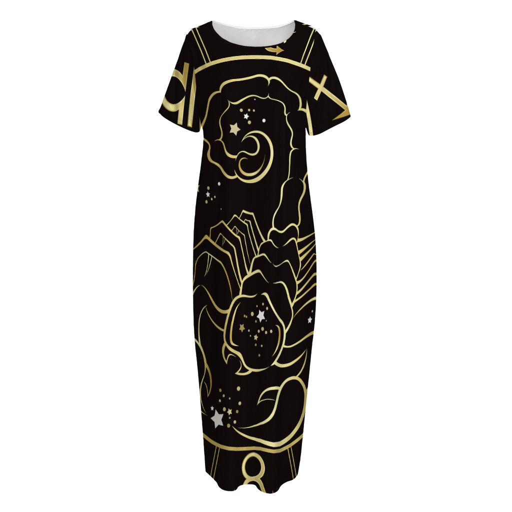 Gold And Black Scorpio Sign Print Short Sleeve Long Nightdress