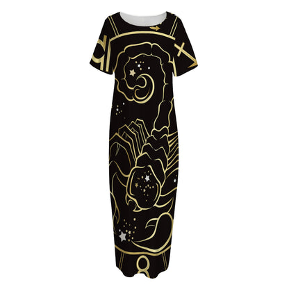 Gold And Black Scorpio Sign Print Short Sleeve Long Nightdress