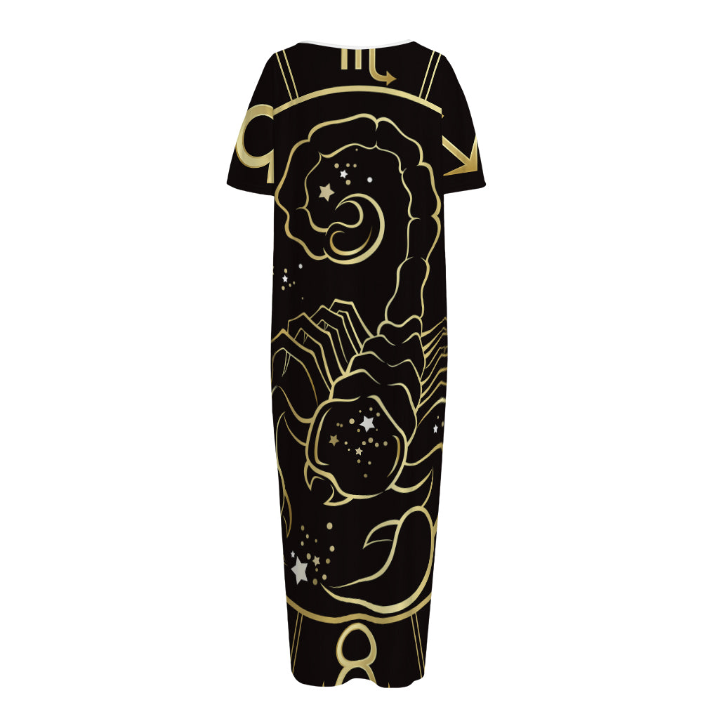 Gold And Black Scorpio Sign Print Short Sleeve Long Nightdress