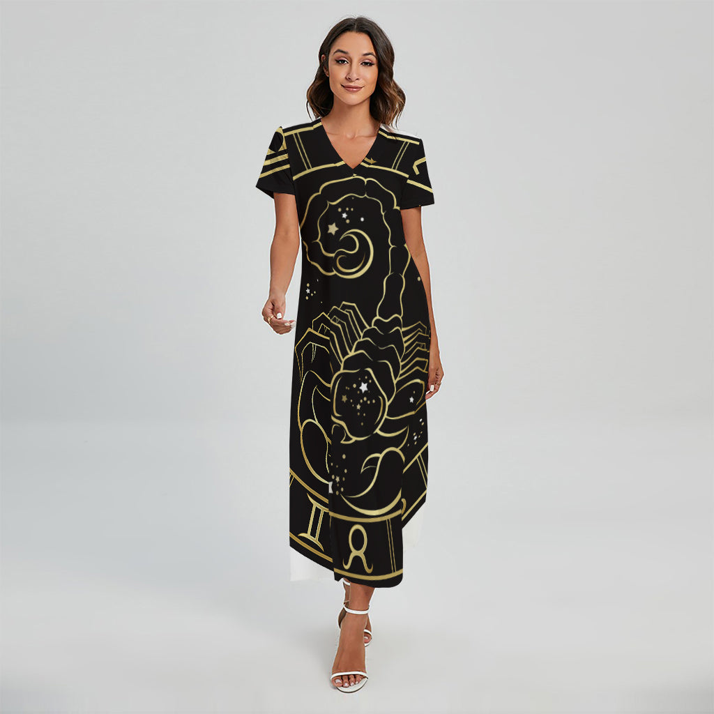 Gold And Black Scorpio Sign Print Short Sleeve Maxi Dress