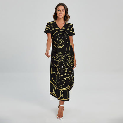 Gold And Black Scorpio Sign Print Short Sleeve Maxi Dress