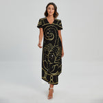 Gold And Black Scorpio Sign Print Short Sleeve Maxi Dress