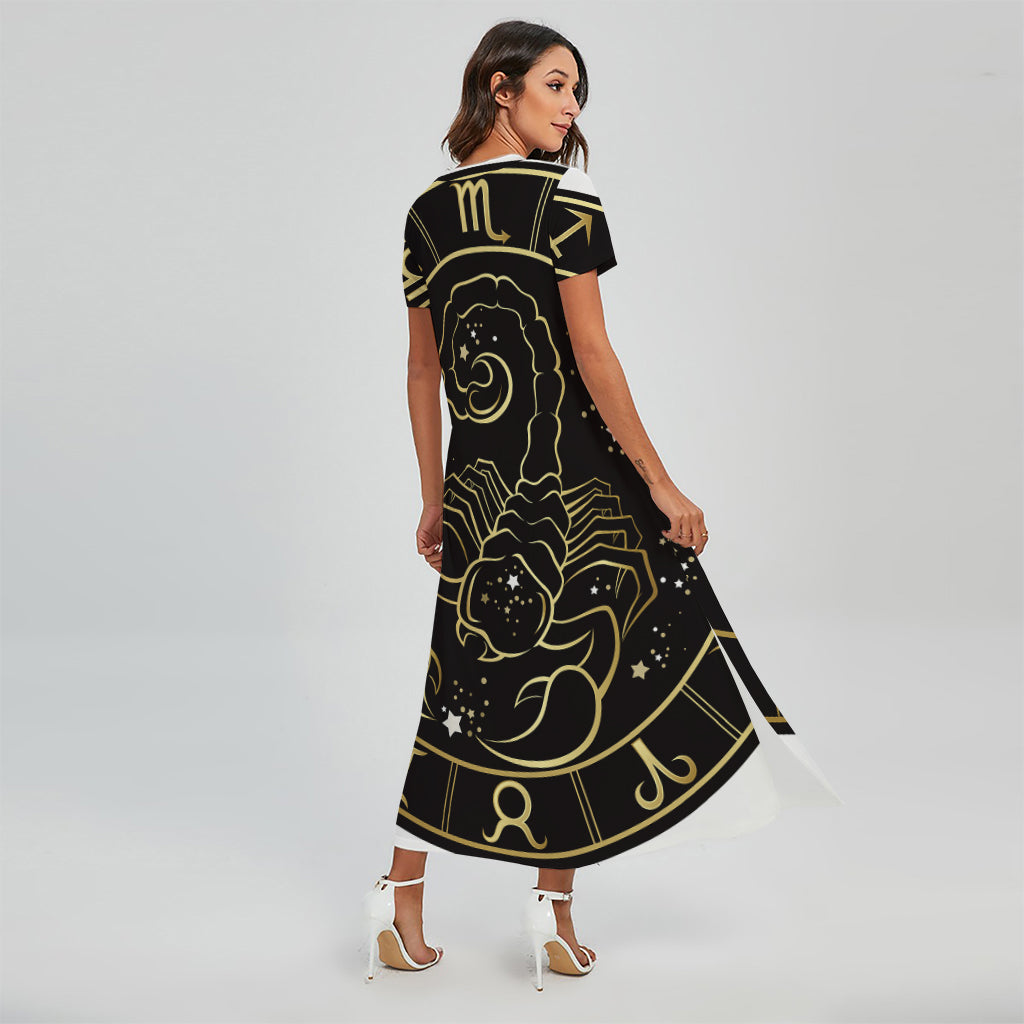 Gold And Black Scorpio Sign Print Short Sleeve Maxi Dress