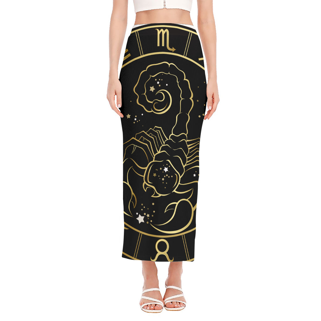 Gold And Black Scorpio Sign Print Side Slit Maxi Skirt